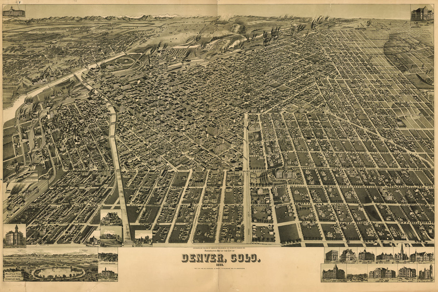 24"x36" Gallery Poster, birdseye view map of Denver, Colorado 1889