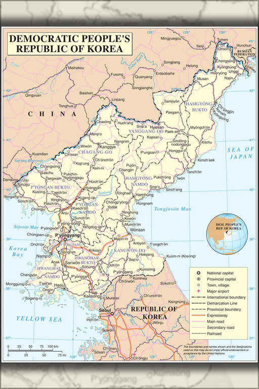 24"x36" Gallery Poster, united nations map of north korea