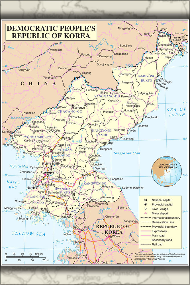 24"x36" Gallery Poster, united nations map of north korea