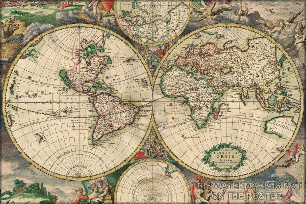 24"x36" Gallery Poster, world map 1689  produced in Amsterdam in 1689, by van Schagen
